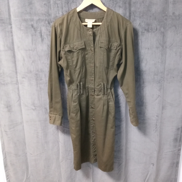 Vintage Dresses & Skirts - Vintage 80s Banana Republic Army Green Button Front Safari Dress Size 6 EUC
